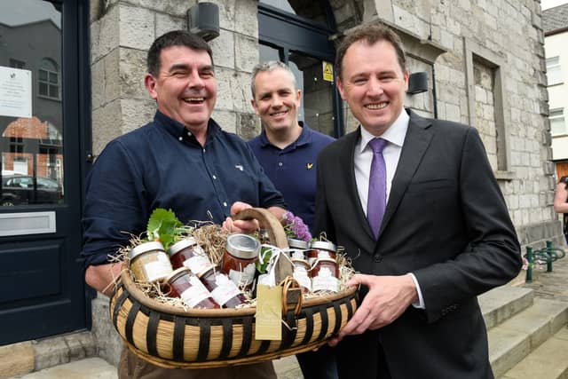 Minister for Agriculture, Food and the Marine Charlie McConalogue TD, at the launch of the Summer of Food initiative in Monaghan with Val O’Kelly, left, from Subh Fraoc Bán and Adamson’s bar, Clones