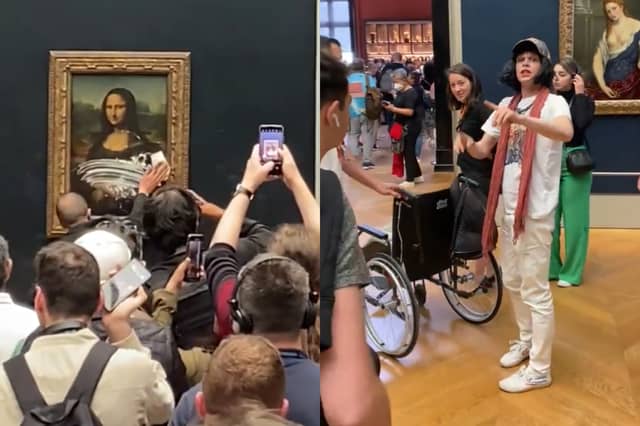 A man disguised as an elderly woman in a wheelchair has thrown cake at the Mona Lisa, in a moment described as “jaw-dropping” by witnesses.