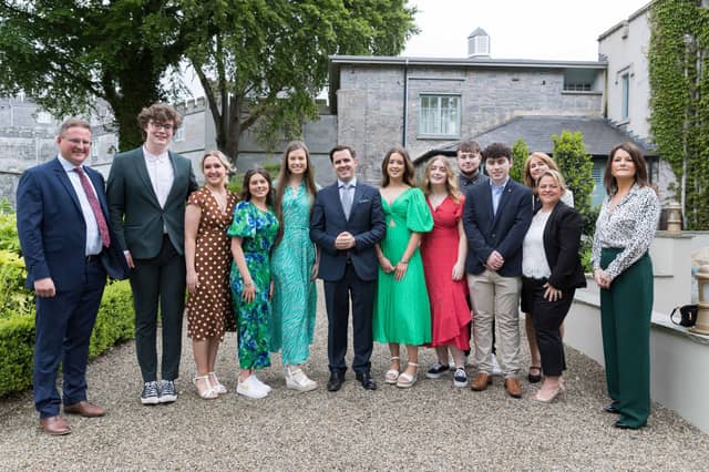 Martin Shanahan, CEO, IDA Ireland (centre), Shannon Chamber president Eoin Gavin (left) and CEO Helen Downes (right) pictured with students and teachers from St Patrick's Comprehensive School Shannon,