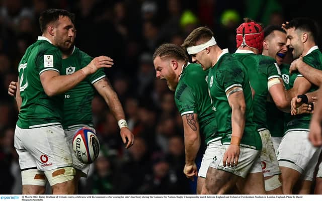 Finlay Bealham (centre) after scoring Ireland's fourth try in Twickenham