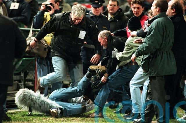 With England trailing, some fans in the upper west stand started ripping up seats and benches before hurling them at Irish supporters below. It later emerged that far-right groups had bought tickets for the match to cause trouble.