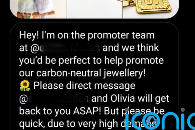 Often, these messages come from an account with very few followers and no profile picture, and they’ll sometimes follow up urging you to ‘Hurry, because there are only a few spaces left!’ Other times, they comment ‘DM to collab’ underneath a photo instead of messaging.