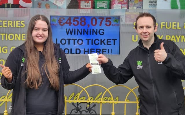 Aoife Lafferty and Brian Gallagher, Manager of the family-run Gallagher’s Newsagents in Lifford Co. Donegal celebrate after it was confirmed that one of their customers won a €458,075 Lotto prize