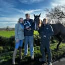 Siobhan Donohoe, Shark Hanlon with the King George winning trophy, the champ Hewick and Sean Hanlon