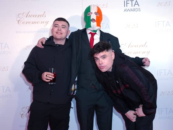 (left to right) Members of Kneecap, Liam Og O Hannaidh (Mo Chara), JJ O Dochartaigh (DJ Provai), and Naoise O Caireallain (Moglai Bap) attending the Irish Film and Television Academy Awards Ceremony at the Dublin Royal Convention Centre