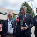 Tanaiste Simon Harris and Enterprise Minister Peter Burke speak to the media at the Intel campus in Leixlip, Co Kildare