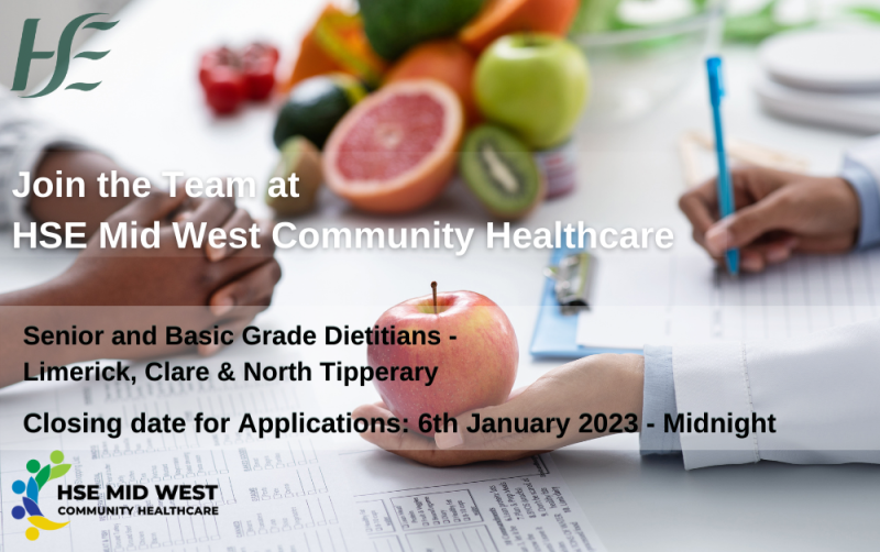 JOB ALERT: HSE seeking senior and basic grade dietitians to work in Limerick, Clare and North Tipperary
