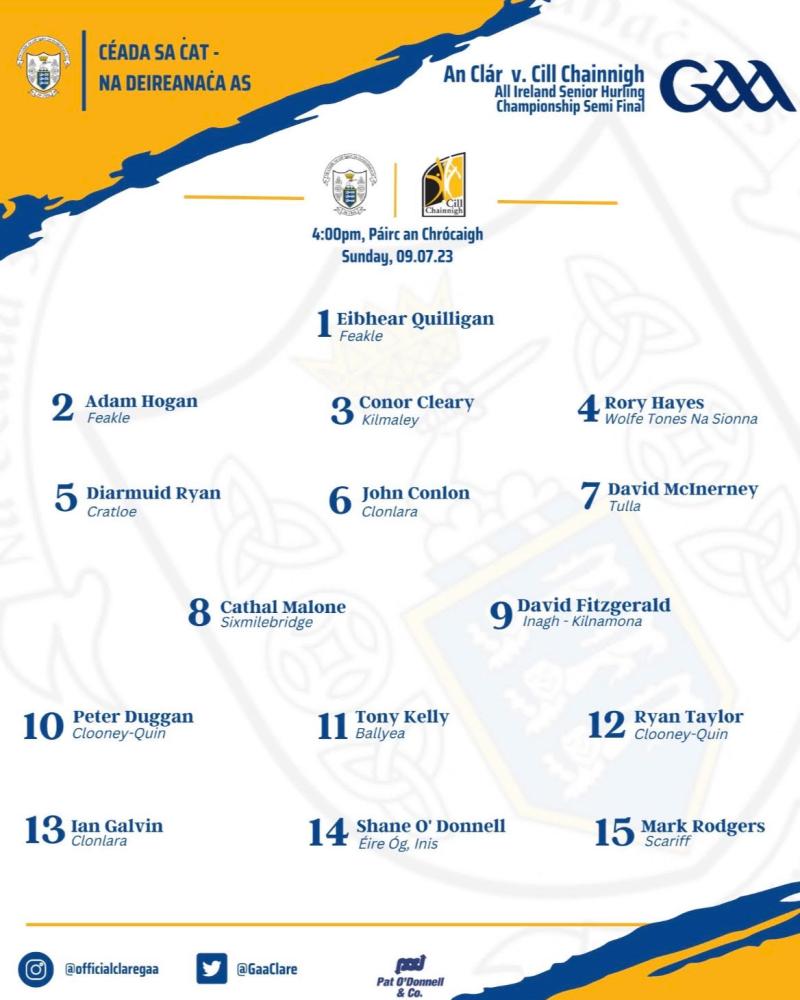 Clare team named for All-Ireland Hurling Semi-Final 
